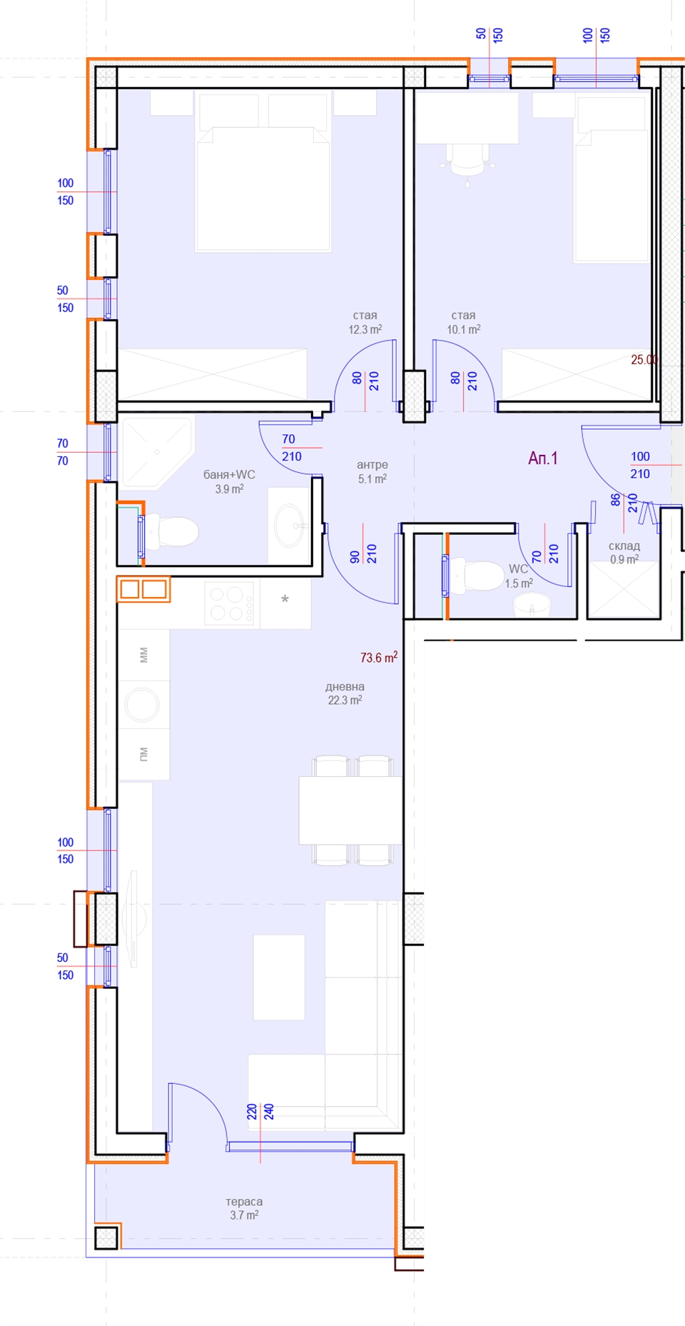 Апартамент № 1, Вход А, 1 етаж, Изложение С-З-Ю