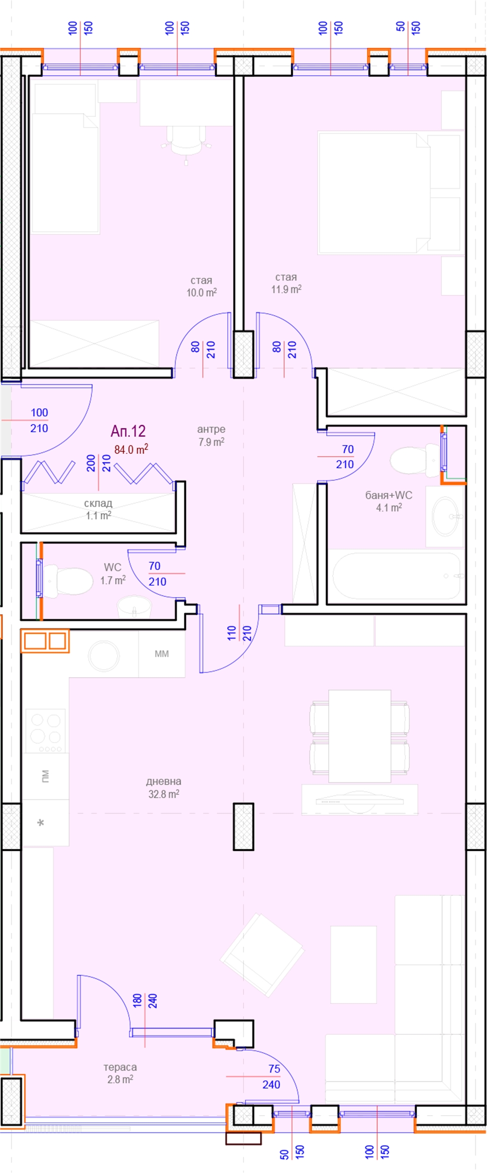 Апартамент № 12, Вход А, 4 етаж, Изложение С-Ю
