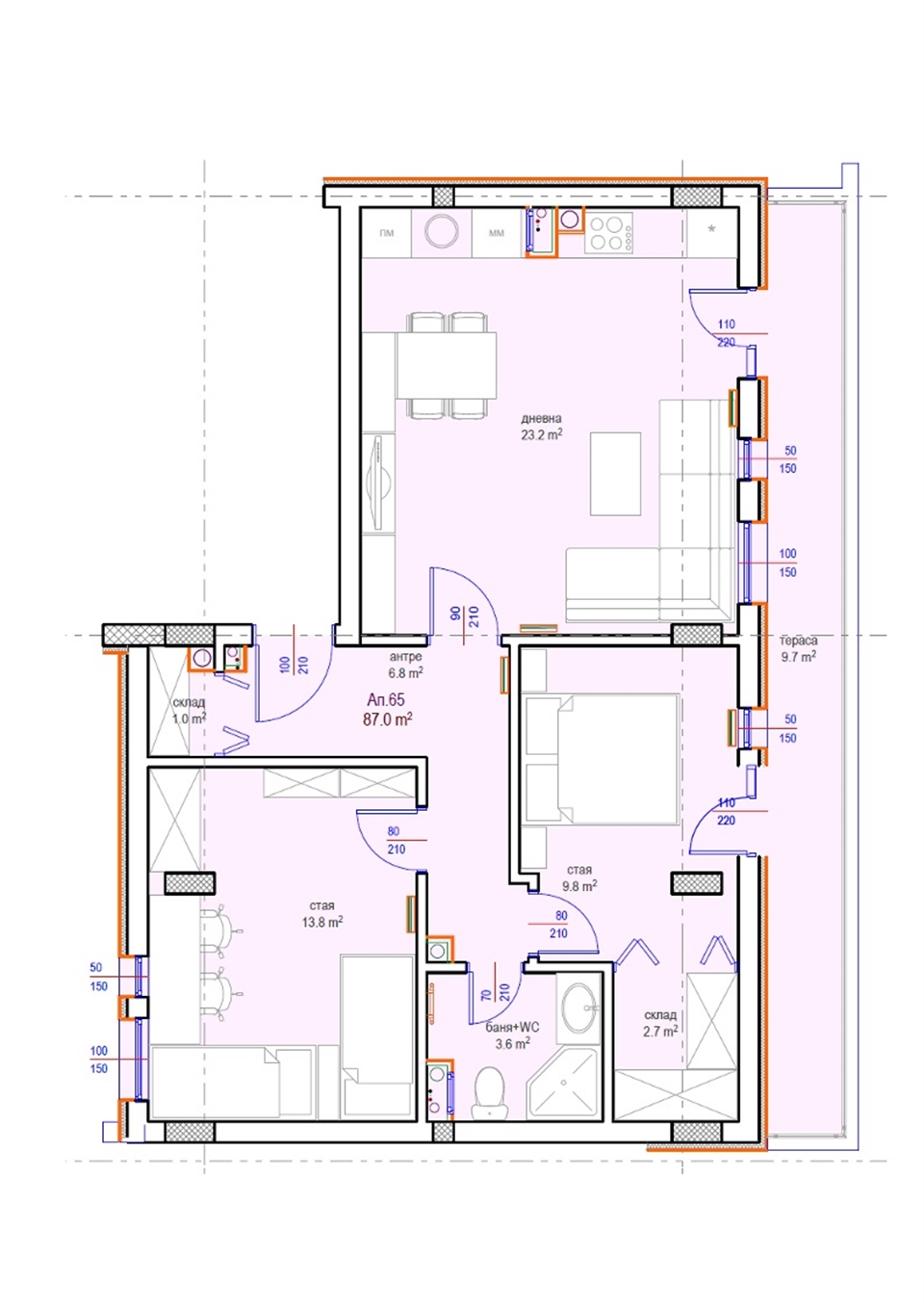 Апартамент № 65, Вход В, 7 етаж, Изложение И-З