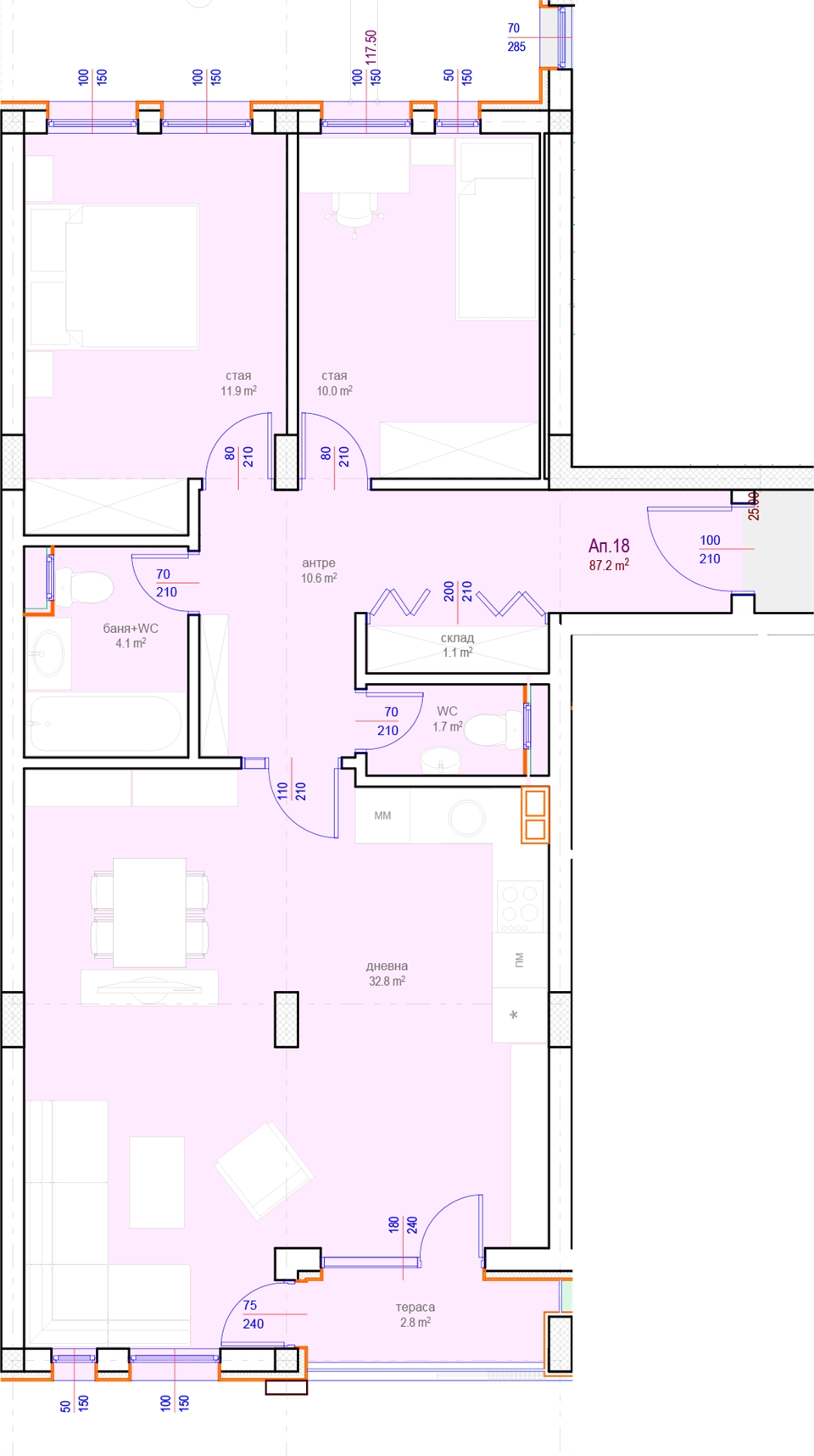 Апартамент № 18, Вход Б, 1 етаж, Изложение С-Ю