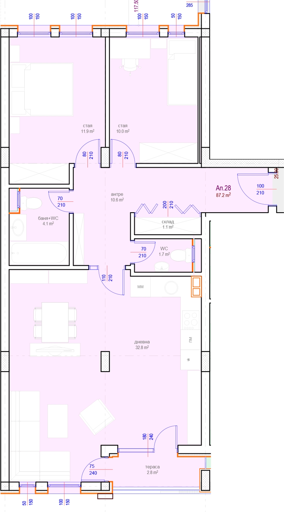 Апартамент № 28, Вход Б, 3 етаж, Изложение С-Ю