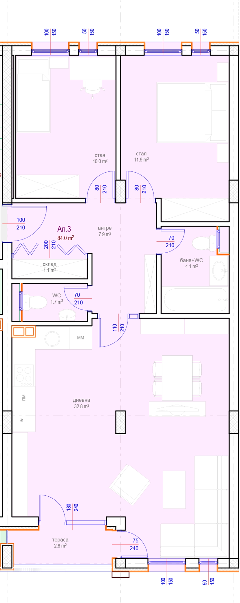 Апартамент № 3, Вход А, 1 етаж, Изложение С-Ю
