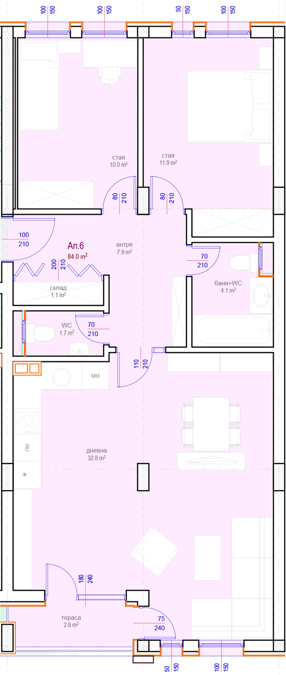 Апартамент № 6, Вход А, 2 етаж, Изложение С-Ю