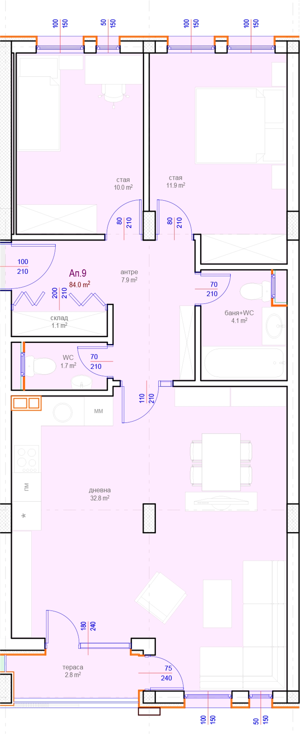 Апартамент № 9, Вход А, 3 етаж, Изложение С-Ю